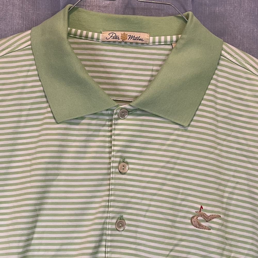 Peter Millar Men's Summer Comfort Size Large Green & White Stripes Short Sleeve
